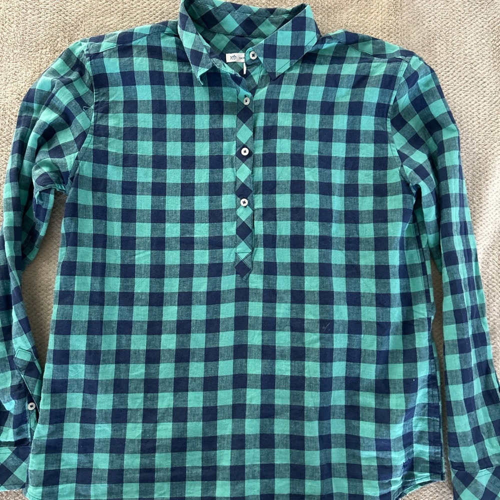 Woman’s Southern Tide linen cotton tunic top shirt plaid size MEDIUM
